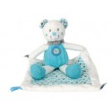 Doudou ours pantin avec doudou " Little Hug " écru bleu pattes tricots NICOTOY