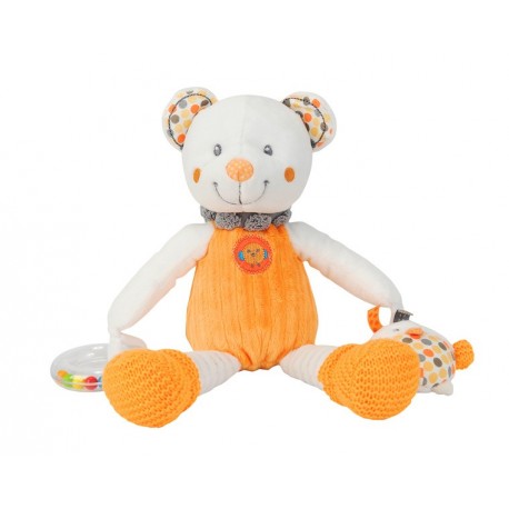 Doudou ours activités hochet tricot little hug orange et blanc pois NICOTOY