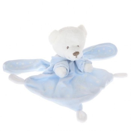 Doudou ours blanc capuche plat losange bleu oiseau étoiles brille dans le noir NICOTOY