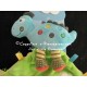 Doudou dinosaure bleu mouchoir 4 noeuds bleu vert nuage oiseau NICOTOY